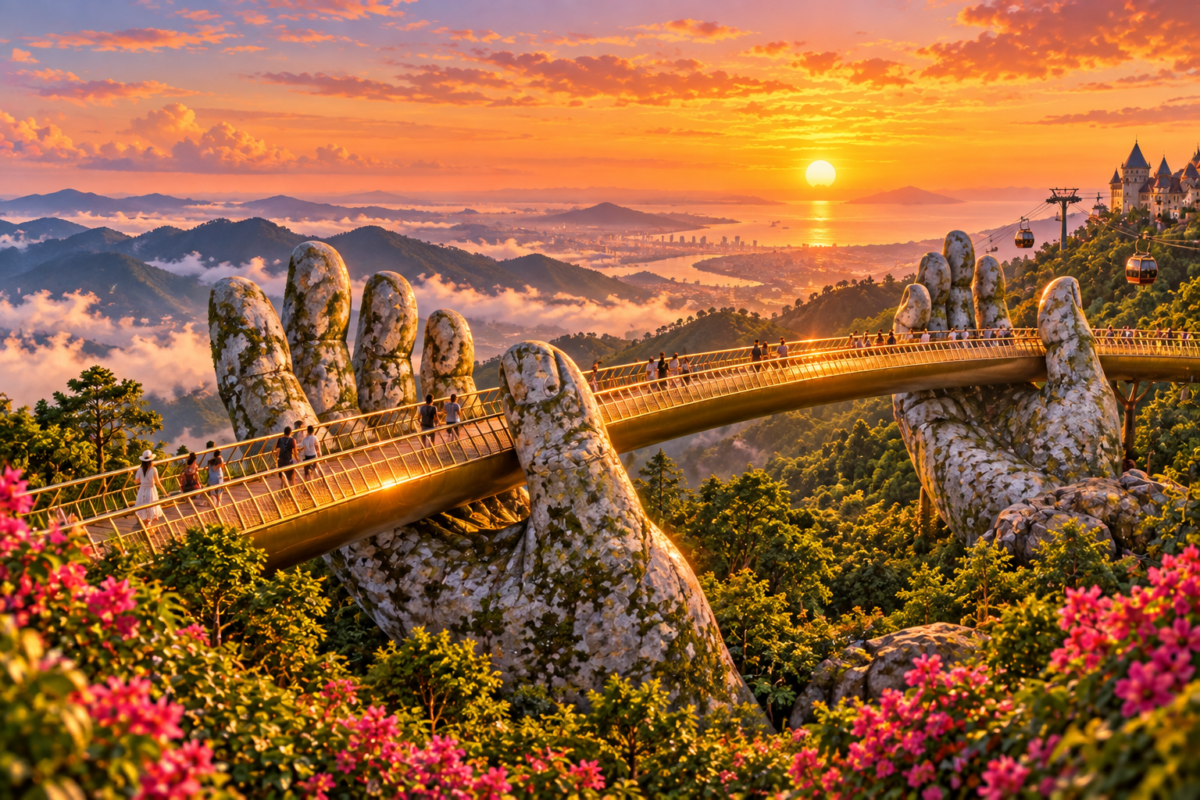 AI-generated illustration of the Golden Bridge at Ba Na Hills near Da Nang