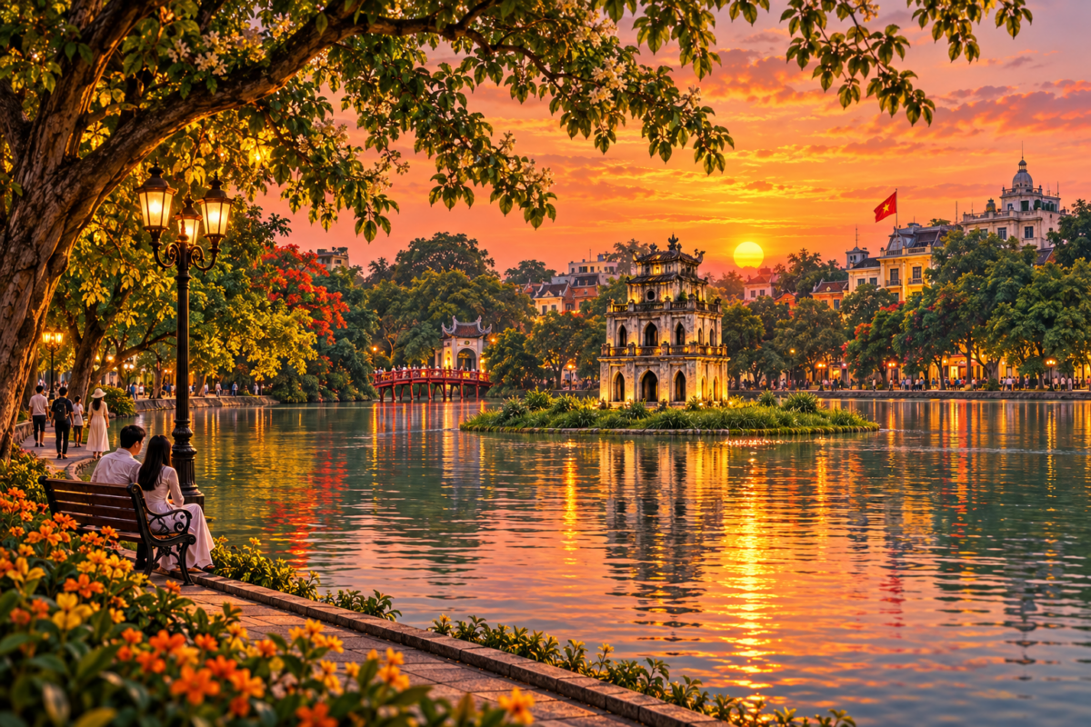 AI-generated illustration of Turtle Tower on Hoan Kiem Lake in Hanoi