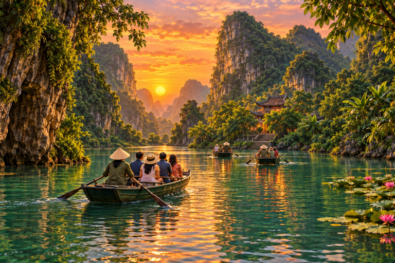 AI-generated illustration of rowboats and limestone mountains in Trang An, Ninh Binh