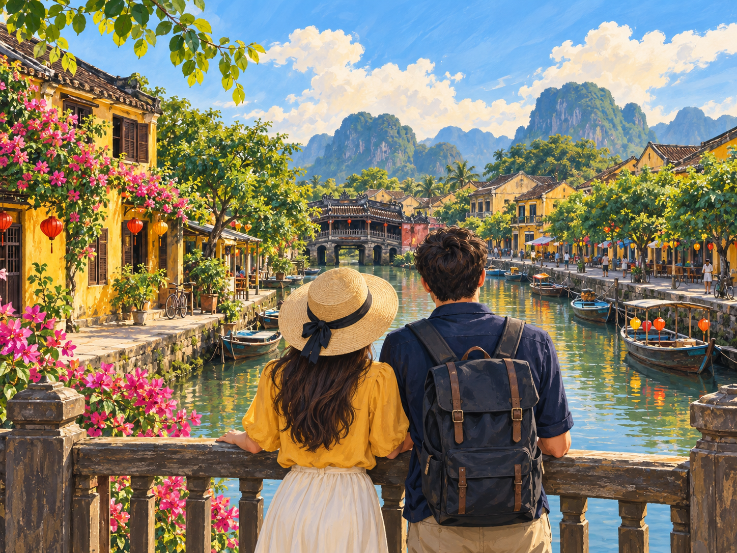 Illustration of two travelers overlooking a Vietnamese canal.