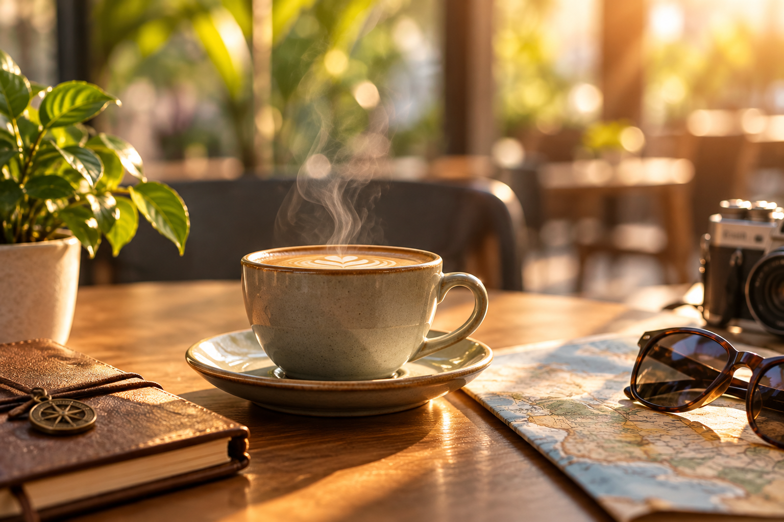 Coffee and travel planning materials in warm afternoon light