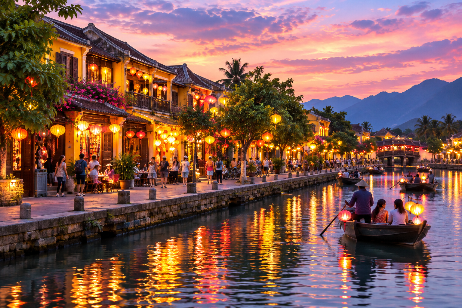 Lantern-lit waterfront in Hoi An at sunset