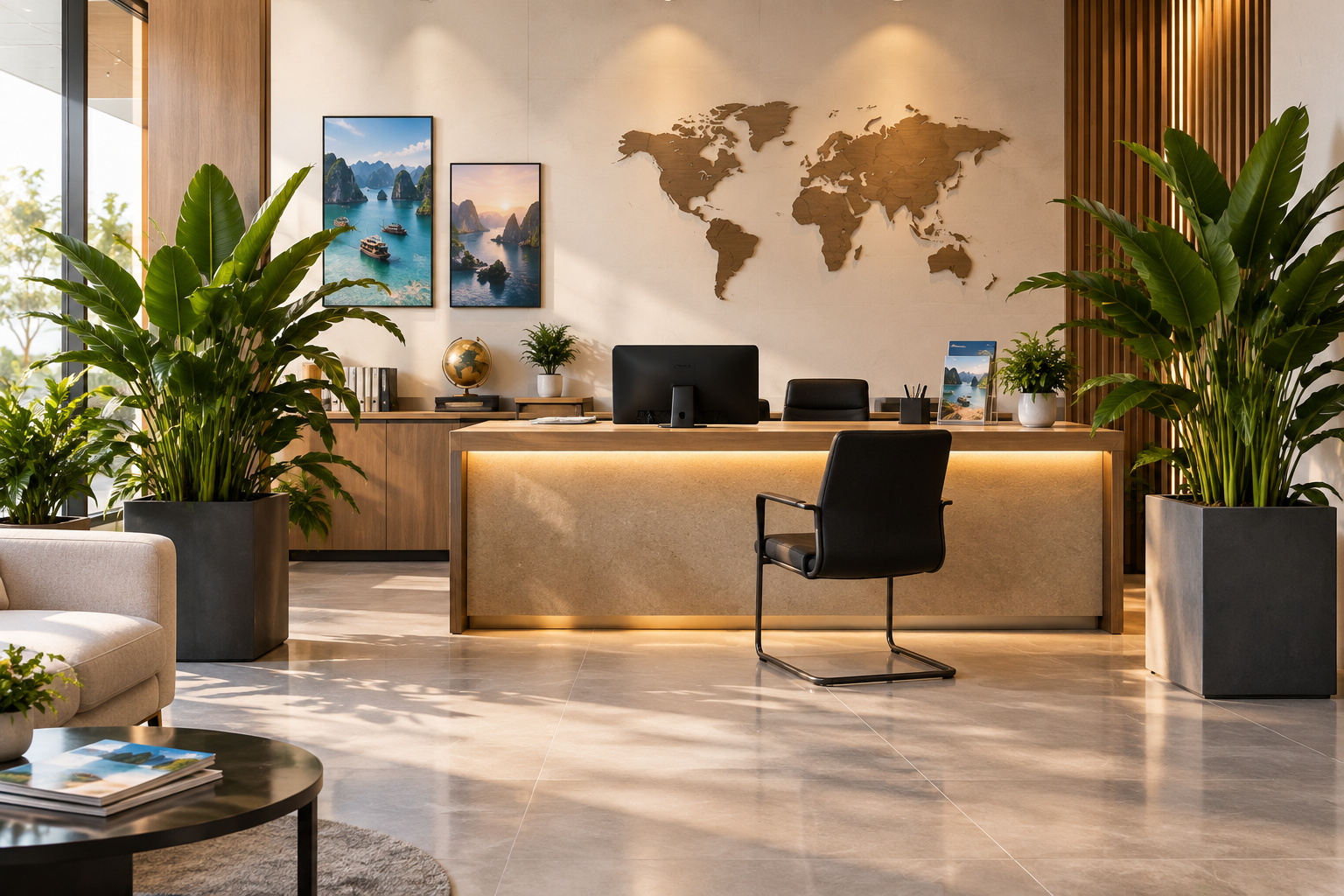Travel office reception with plants and a world map