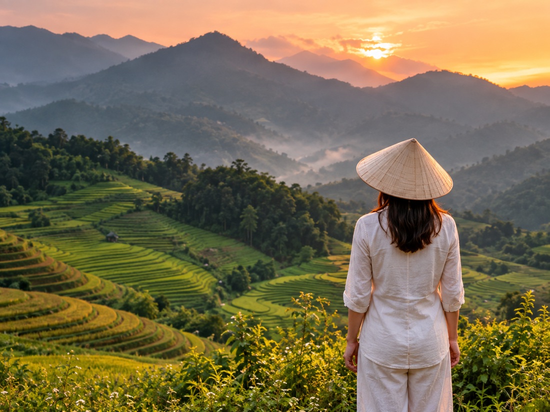 Traveler overlooking Vietnam's mountain terraces at sunset