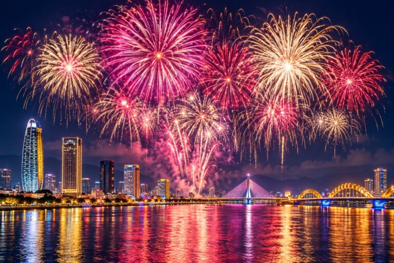 Illustration of magenta and gold fireworks filling the night sky over Da Nang