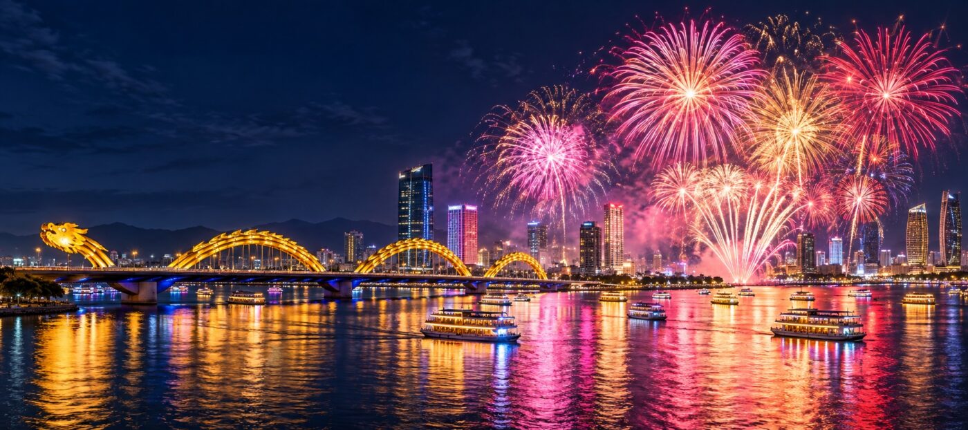 Illustration of pink and gold fireworks above Da Nang’s Dragon Bridge and the Han River