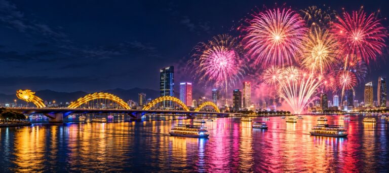 Illustration of pink and gold fireworks above Da Nang’s Dragon Bridge and the Han River