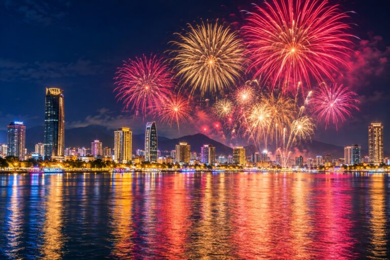 Illustration of fireworks reflected in the Han River beside Da Nang’s illuminated skyline