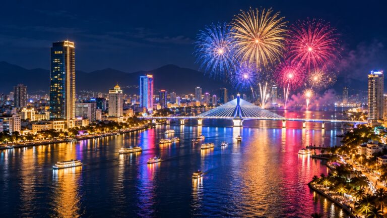 Illustrated aerial view of colourful fireworks above Da Nang’s river and bridges