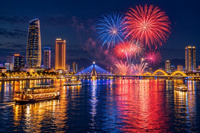 Illustration of riverboats and red and blue fireworks on the Han River at night